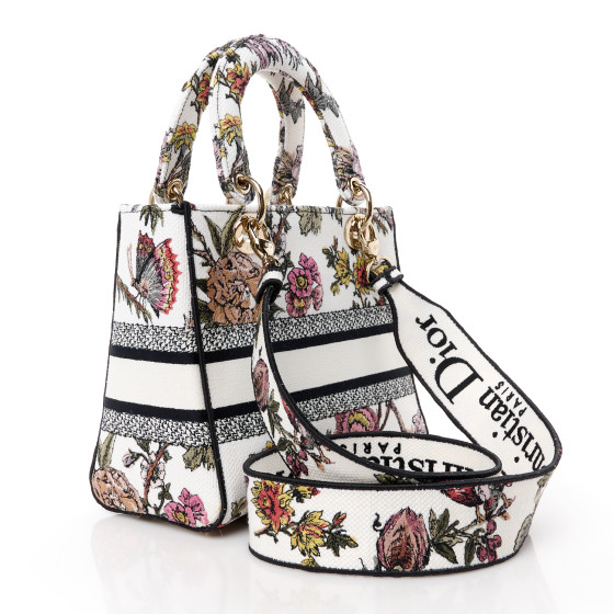 Christian Dior Canvas Embroidered Jardin Botanique Medium Lady D-Lite White Multicolor