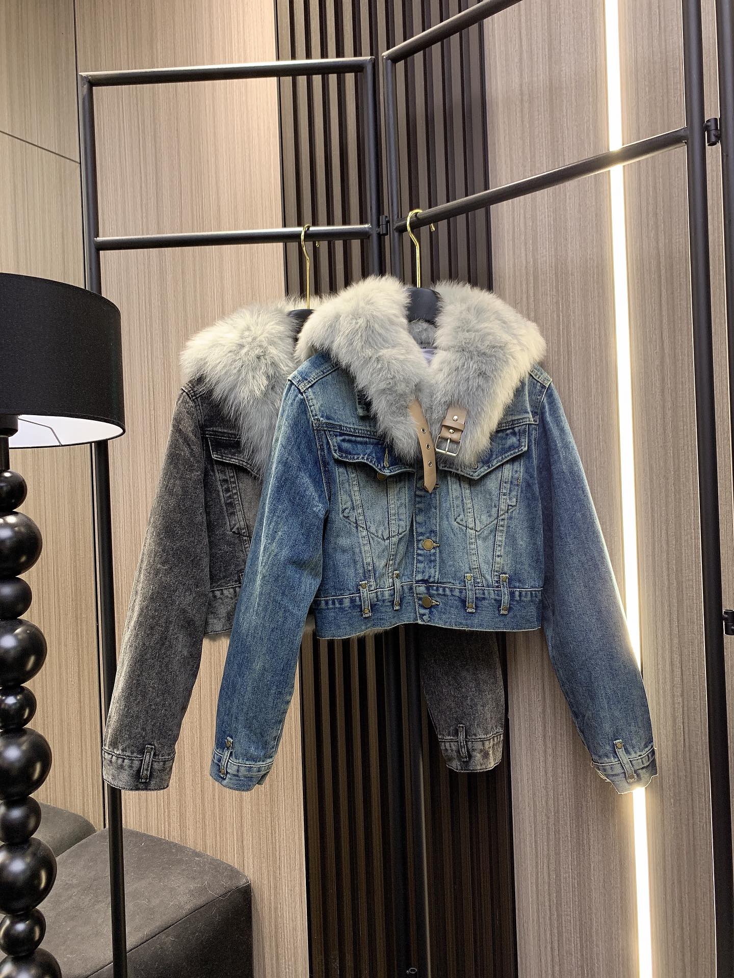 celine , denim jacket with fox fur collar