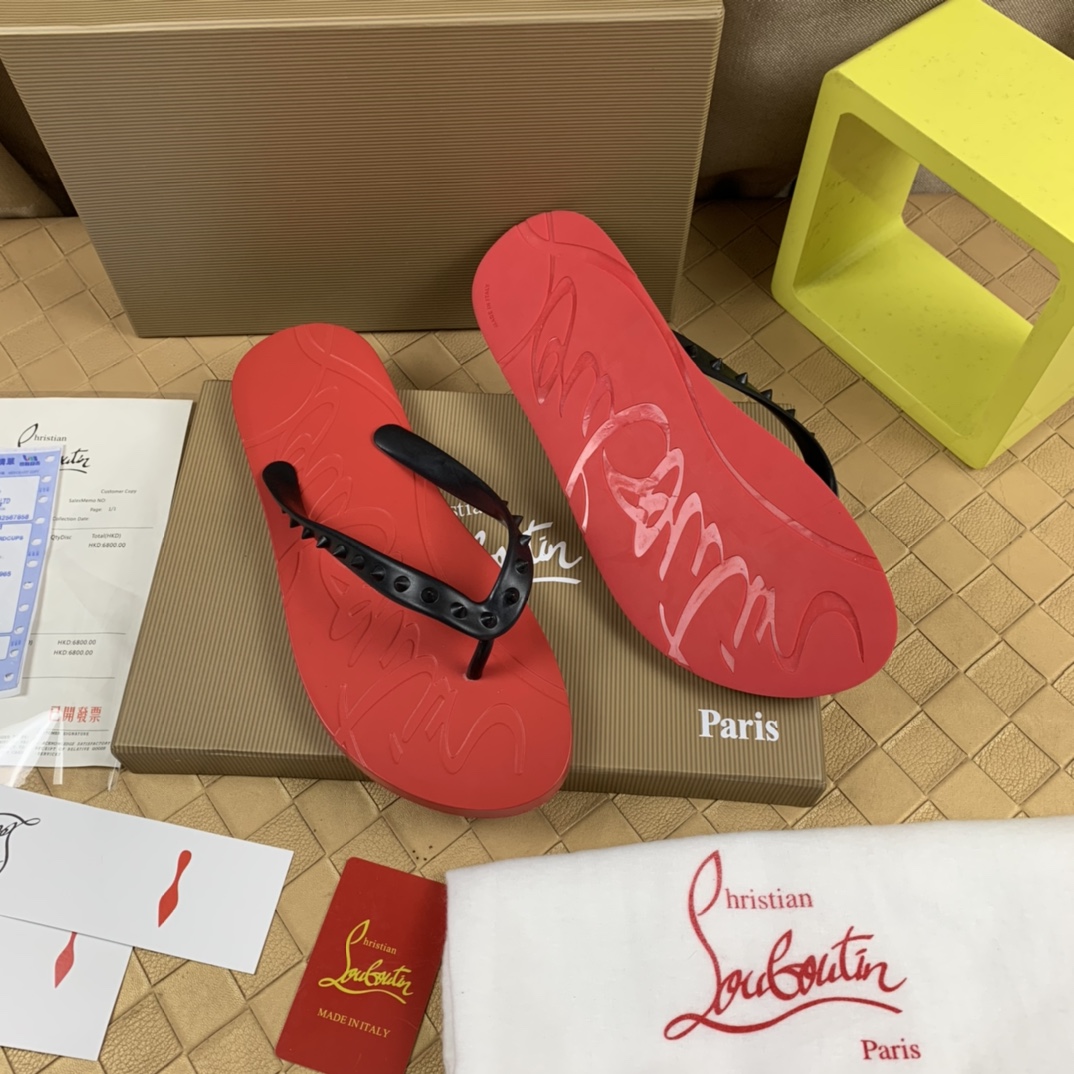 ChristanLouboutin red bottom slippers sandals calf strap decorative studs