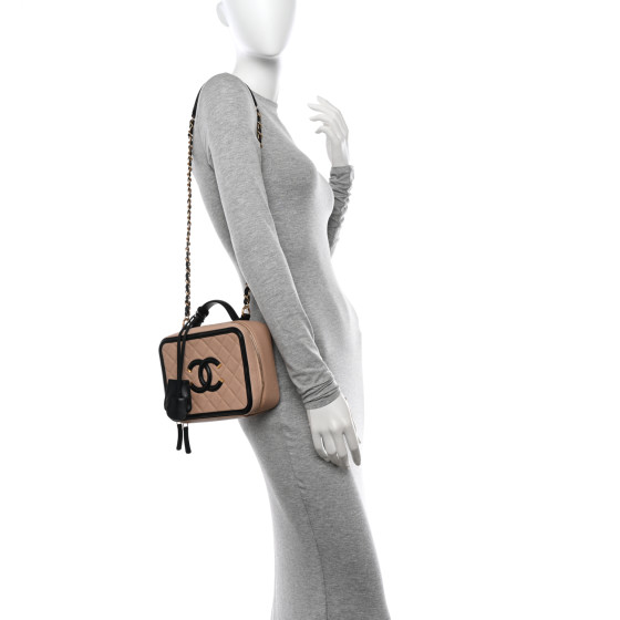 Caviar Quilted Medium CC Filigree Vanity Case Beige Black