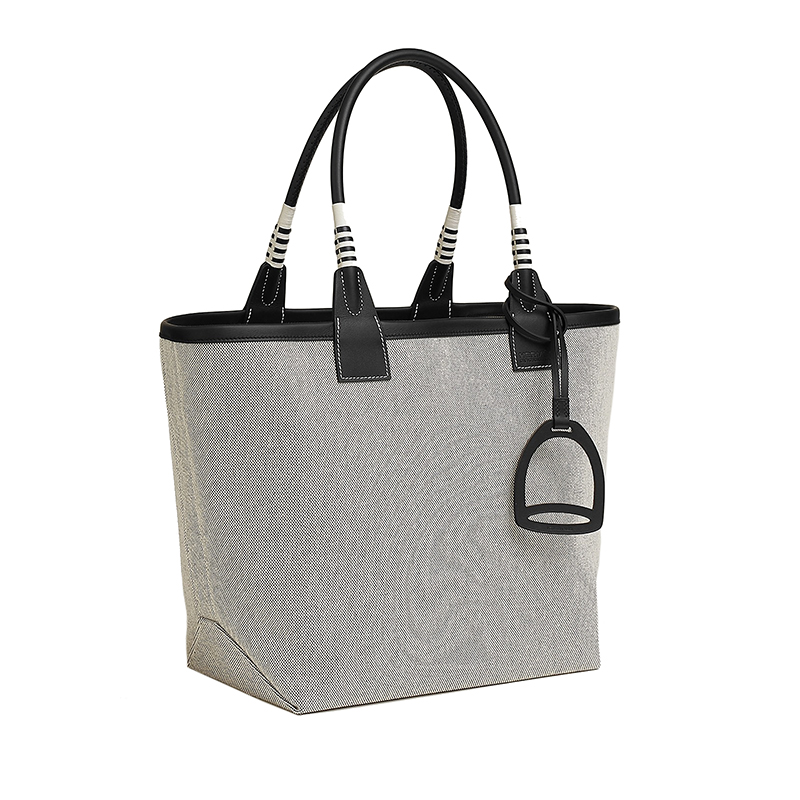 Hermes 24 new women's gray black canvas with leather stirrup handbag H083610CKAC