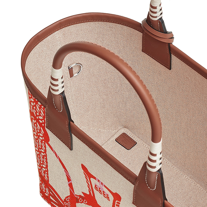 HERMES/ Hermes 24 new women's beige canvas brown handbag with red pattern H084313CKAA