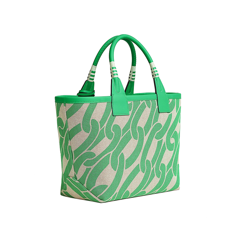 Hermes 24 new women's green and white alternate canvas with leather stirrup handbag H084533CKAA